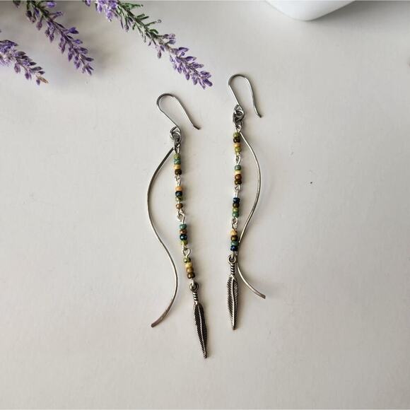 Bohemian Long Dangle Earrings, Earthy Picasso Seed Beads Handmade Earrings - Picture 2 of 6